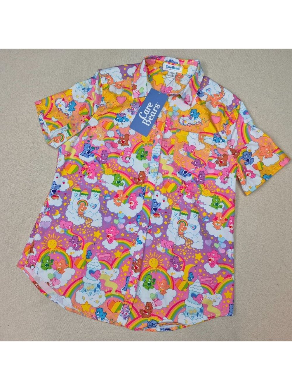 Care Bears Women's Short Sleeve Button Up Collared Stretchy Shirt Sz XL NWT